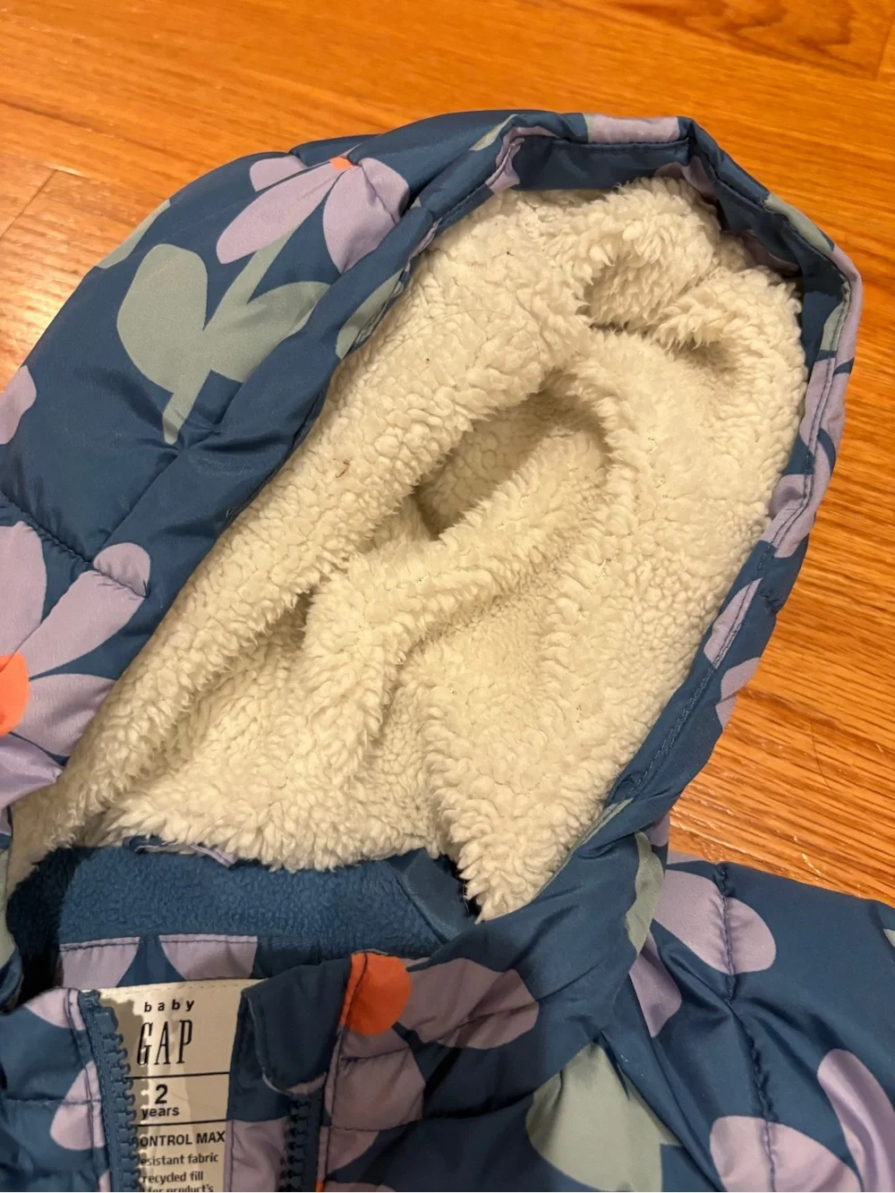 GAP Navy Floral Hooded Puffer Jacket with Cream Sherpa Lining